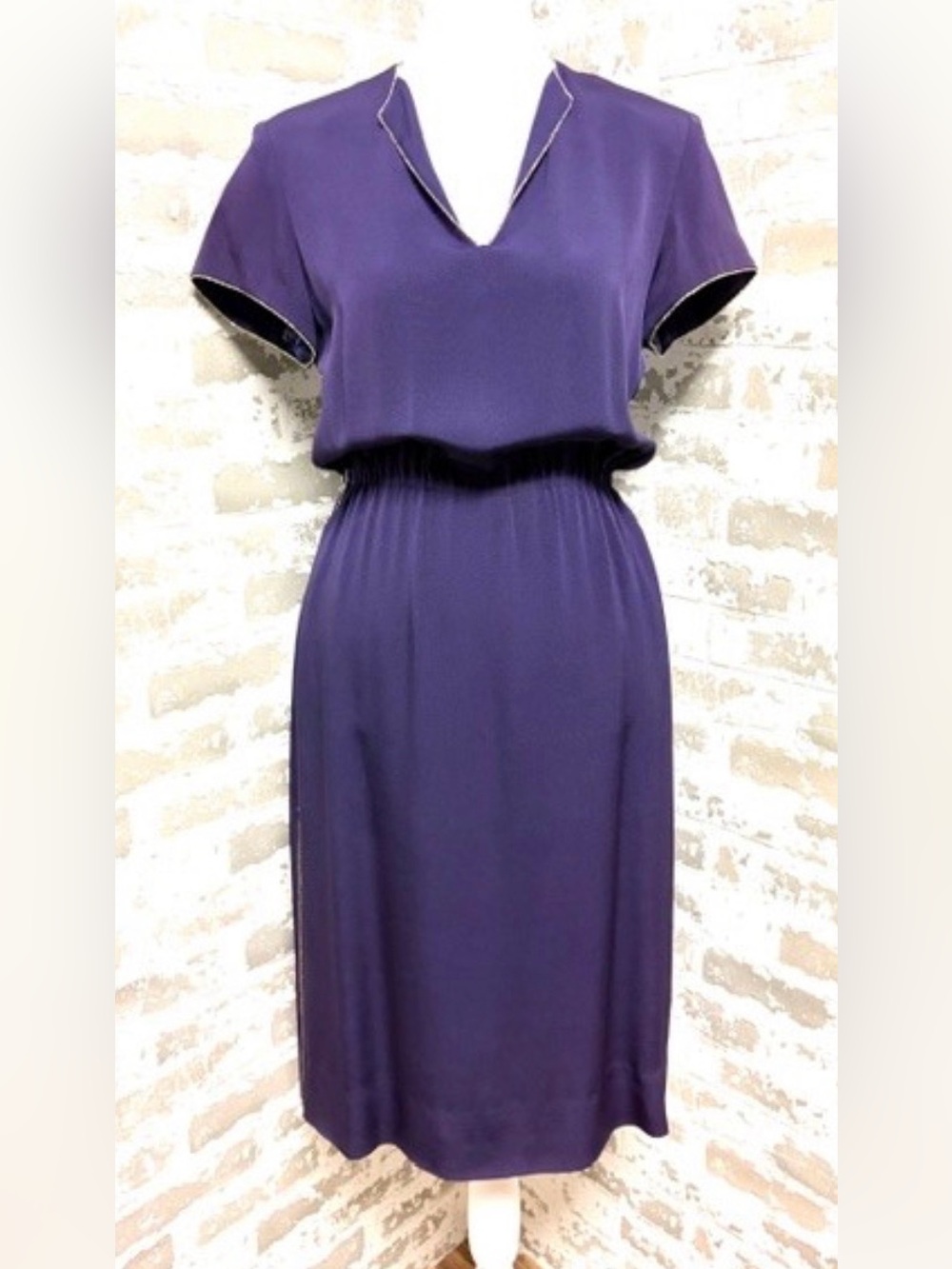 Albert Nipon Vintage Plum Indigo Short Sleeve Cocktail Dress with Beaded Trim